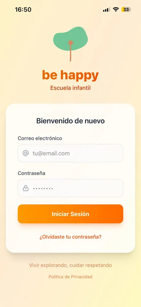 Pantalla de inicio de sesión de la app be happy