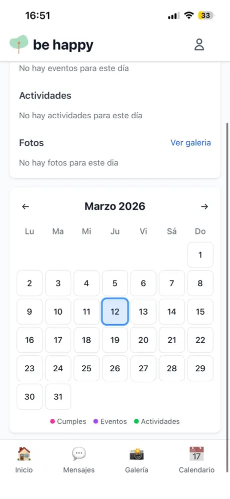 Calendario de la app be happy con actividades, eventos y fotos de cada día