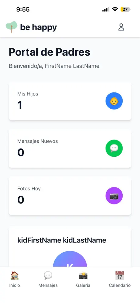 Portal de familias de la app be happy con mensajes nuevos y fotos del día